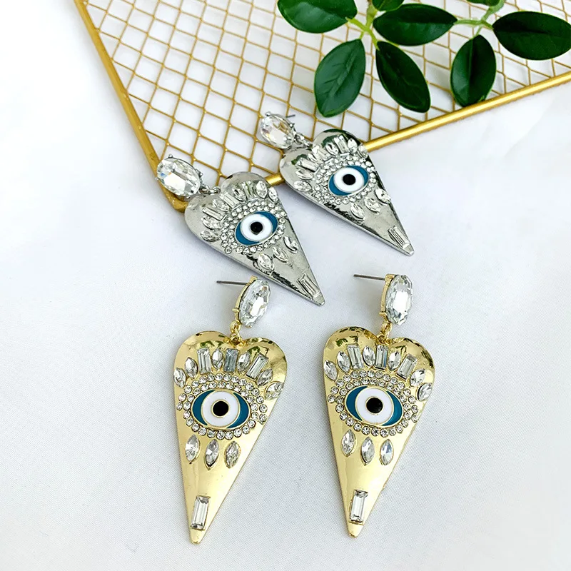 

2020 Aliexpress Hot Sell Quirky Heart Shape Crystal Rhineostone Dangle Earrings Enamel Evil Eyes Drop Earrings, As picture