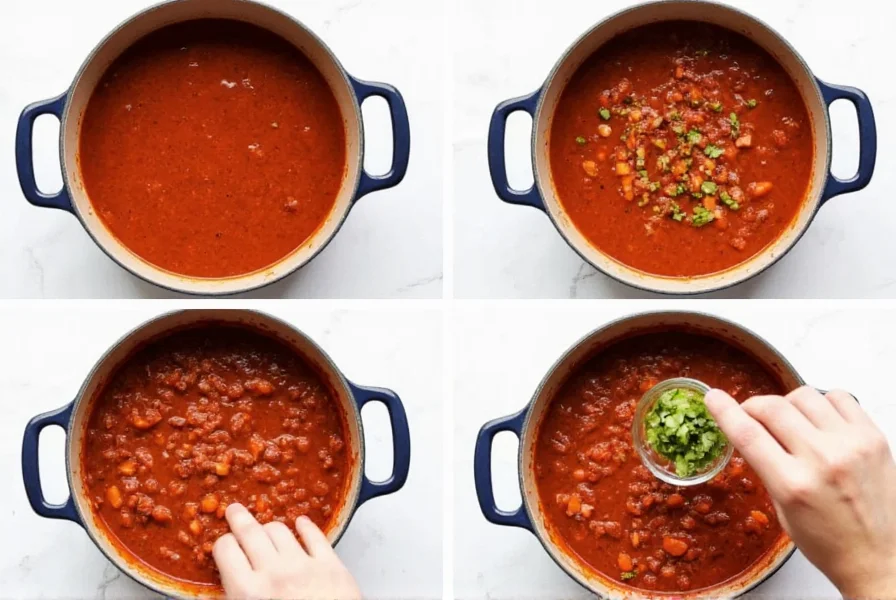 Step-by-step vegetarian chili cooking process showing ingredients being added to pot