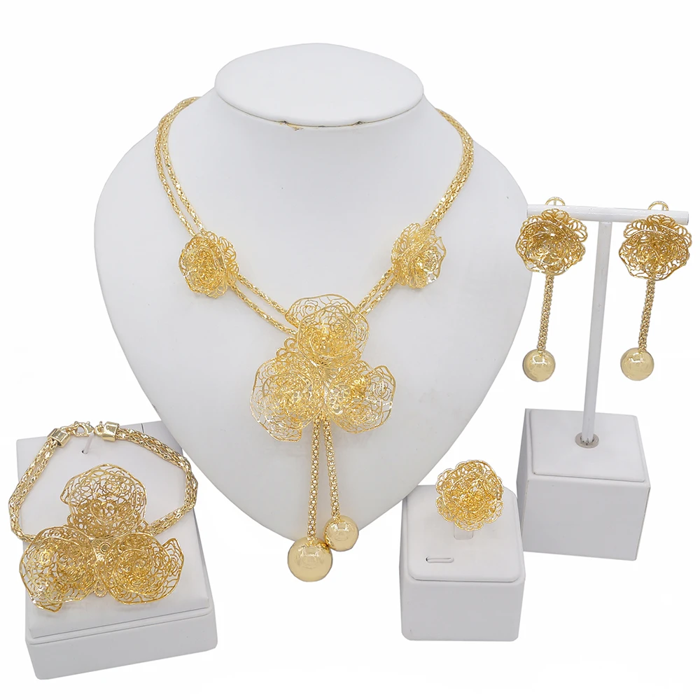 

Unfading 18k Gold-plated Golden Flower And Bead Pendant Necklace Jewelry Sets High Quality Brazilian Wedding Bridal Jewelry Set