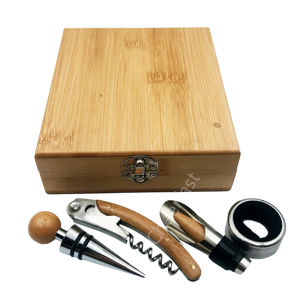 
Elegant Bamboo Box 4 pcs Bamboo wooden Accessories Wine Opener Set Gift Box 