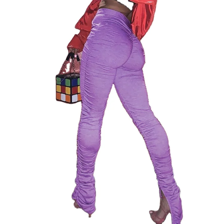 

Solid color high waist ruched pants flared trousers women stacked leggings