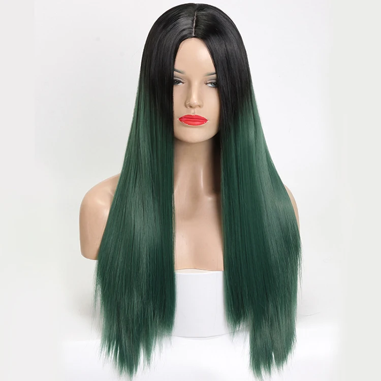 

13x6 long 18 inch straight green ombre synthetic human hair wig