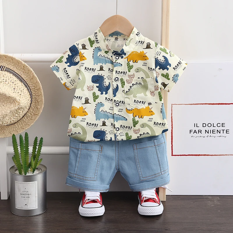 

Yiwu wholesale dinosaur printing button collar shirt + denim shorts summer wear 2 years old wearing a suit, fashion casual child