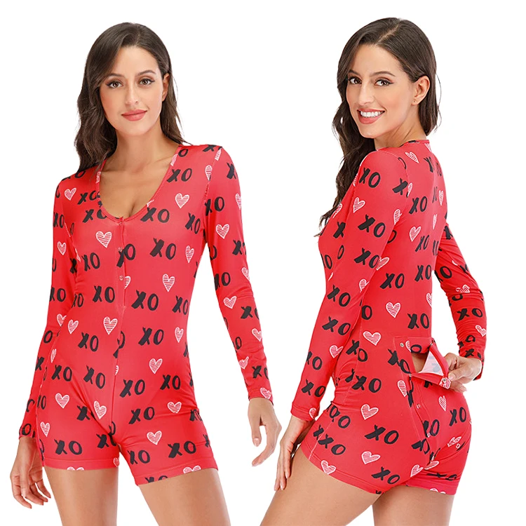 

2021 New Fashion Women's Sleepwear Pajama S Valentine Printing Adult Onesie s For Women With Butt Flap