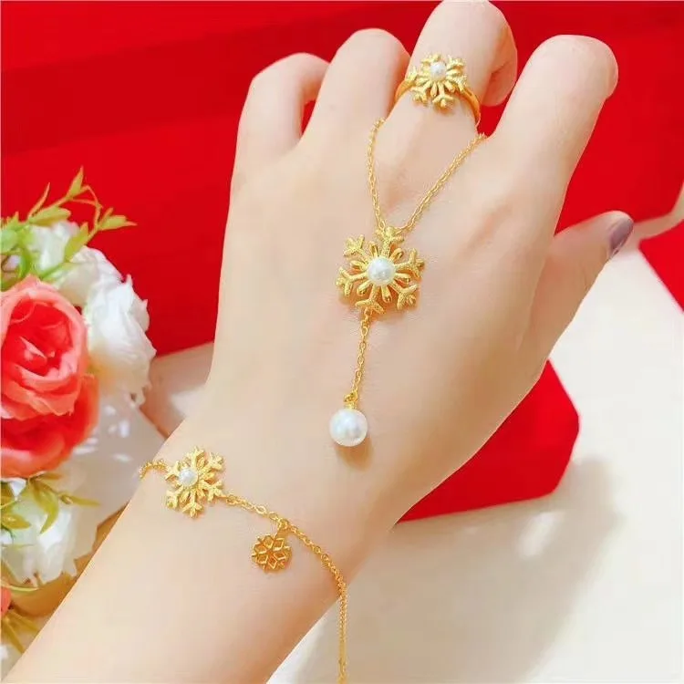 

3D Hard Gold Snowflake Necklace Set Women Sand Gold Pearl Pendant Necklace Ring Bracelet Three Piece Jewelry Wholesale