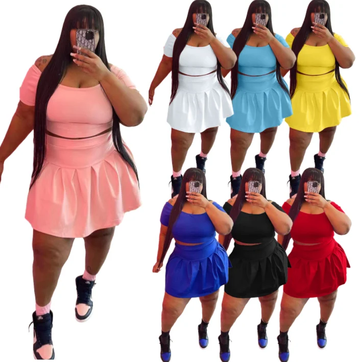 

2022 summer plus size 4XL 5XL 2 piece outfits women clothing fashion cute soild crop top and skirt two piece set