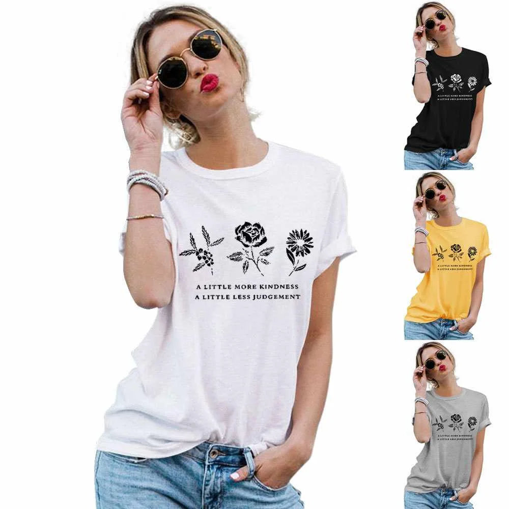 

European And American Women's Tops Three Small Flower Letters Round Neck Short Sleeve T-shirt, Picture color