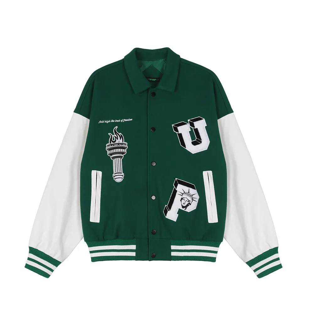 

High Quality Custom splice color patch embroidered Letterman college bomber flight baseball varsity jacket