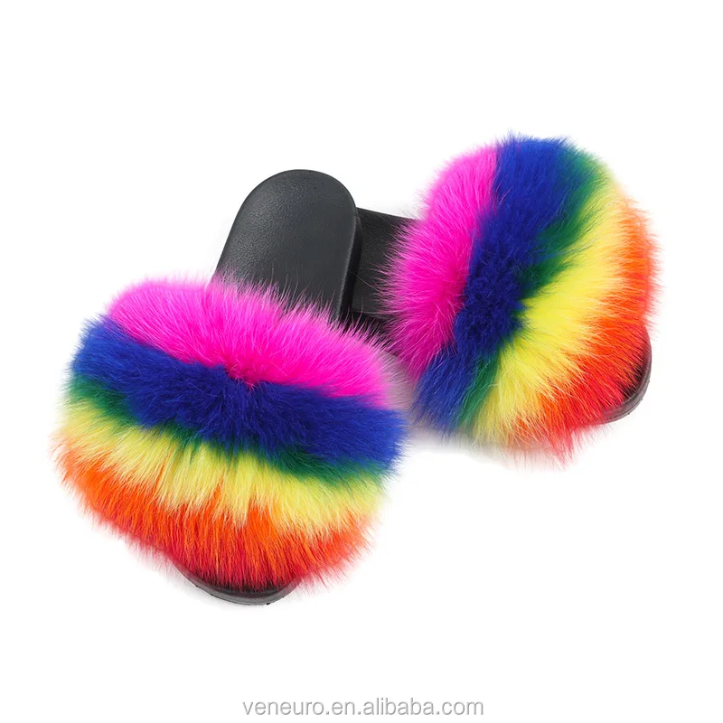 

2020 Wholesale new style fluffy women real fox fur slides genuine raccoon fur slippers sandals, Customized color