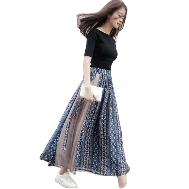 

2021 New Style High Waist Vintage Pleated Long Maxi Chiffon Floral Women Skirts