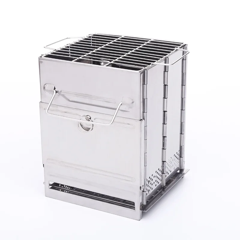 

Portable outdoor camping stainless steel folding wood fire charcoal stove grill