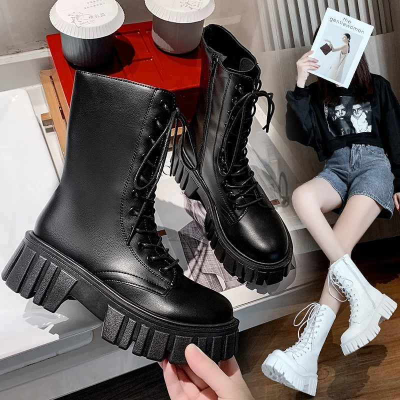 

Soft Split Leather Women White Ankle Boots Motorcycle Boots Female Autumn Winter Shoes Woman Punk Motorcycle Boots 2021, White,black