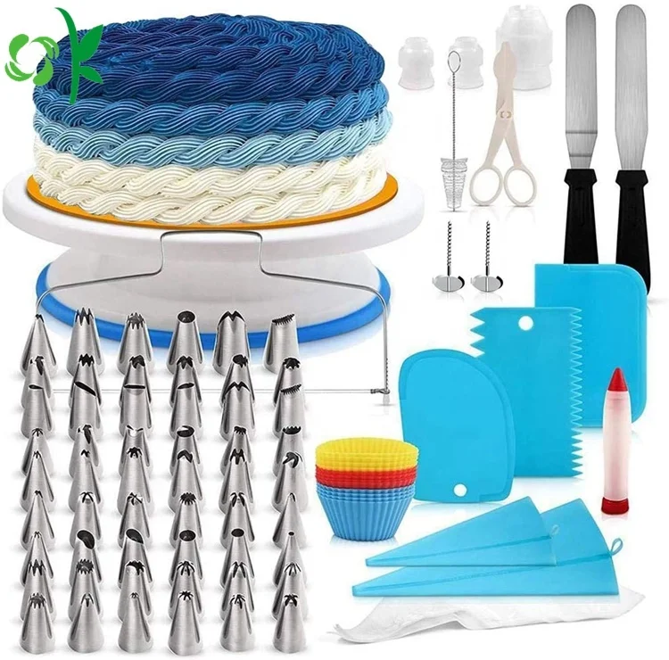 

OKSILICONE 106 Piece Silicone Pastry Bag Cake Turntable Set Scraper Layerer Stainless Steel For Decorating Cake Baking Tool, As picture shown/customized