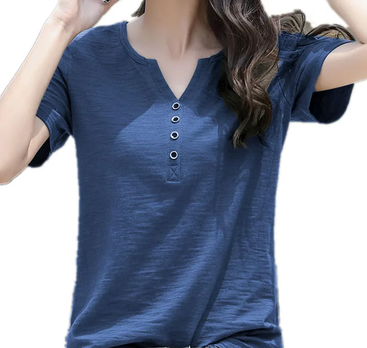 

2021 New V-Neck Special Design Tee Breathable Short Sleeve Plus Size Pullover Loose Fit 100% Cotton women's T shirt