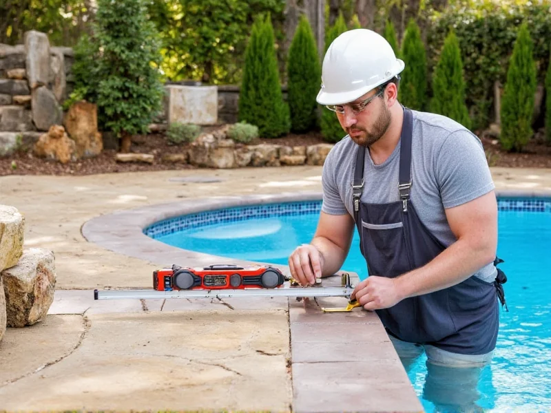 Engineer inspecting DIY swimming pool foundation with measuring tools