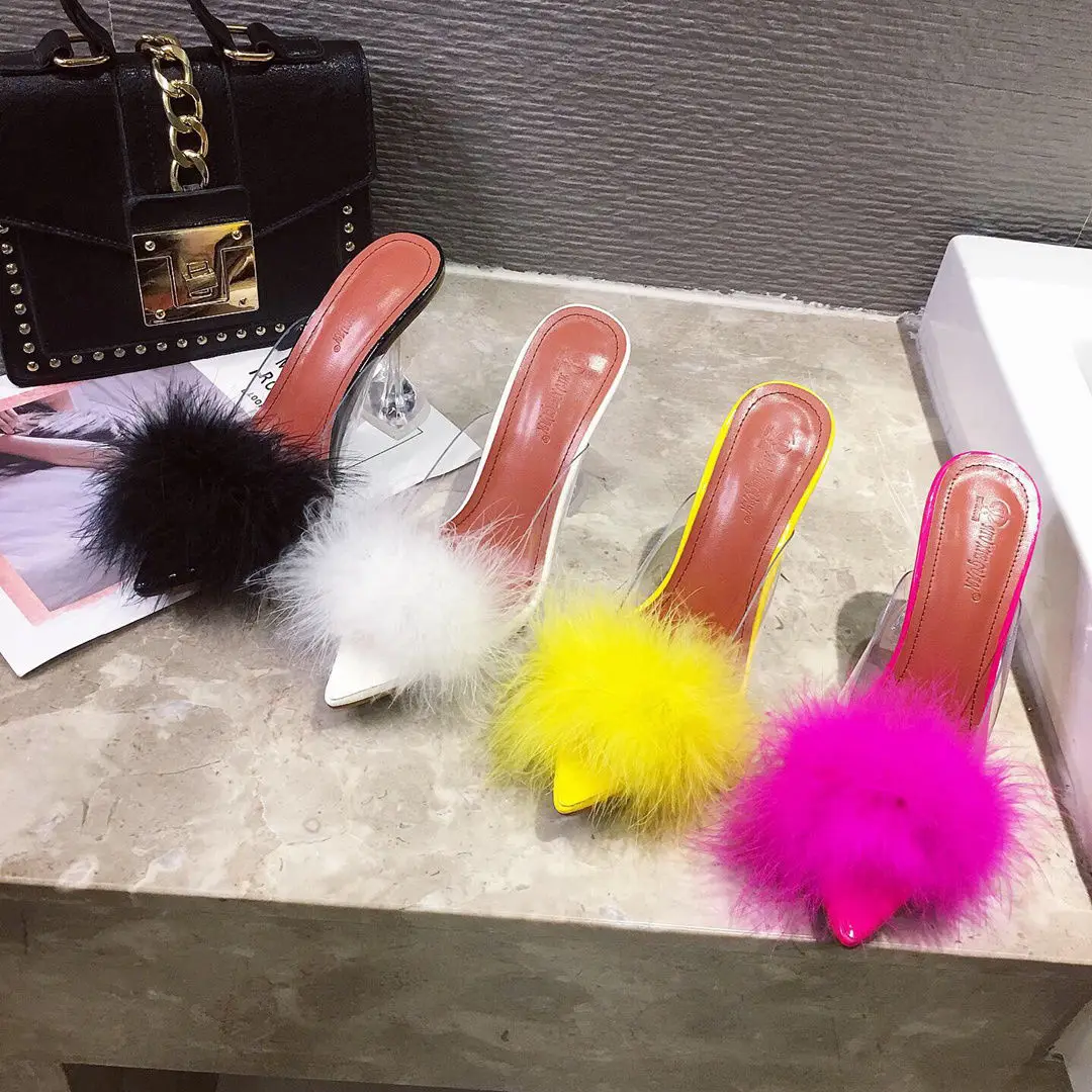 

2021 summer sexy furry slides heels PVC transparent clear sandles pink furry sandals