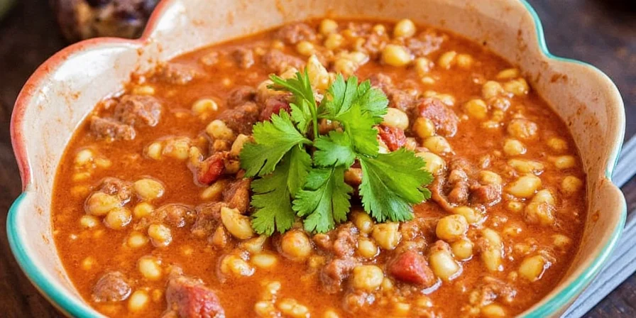 Bowl of steaming hot pozole with toppings