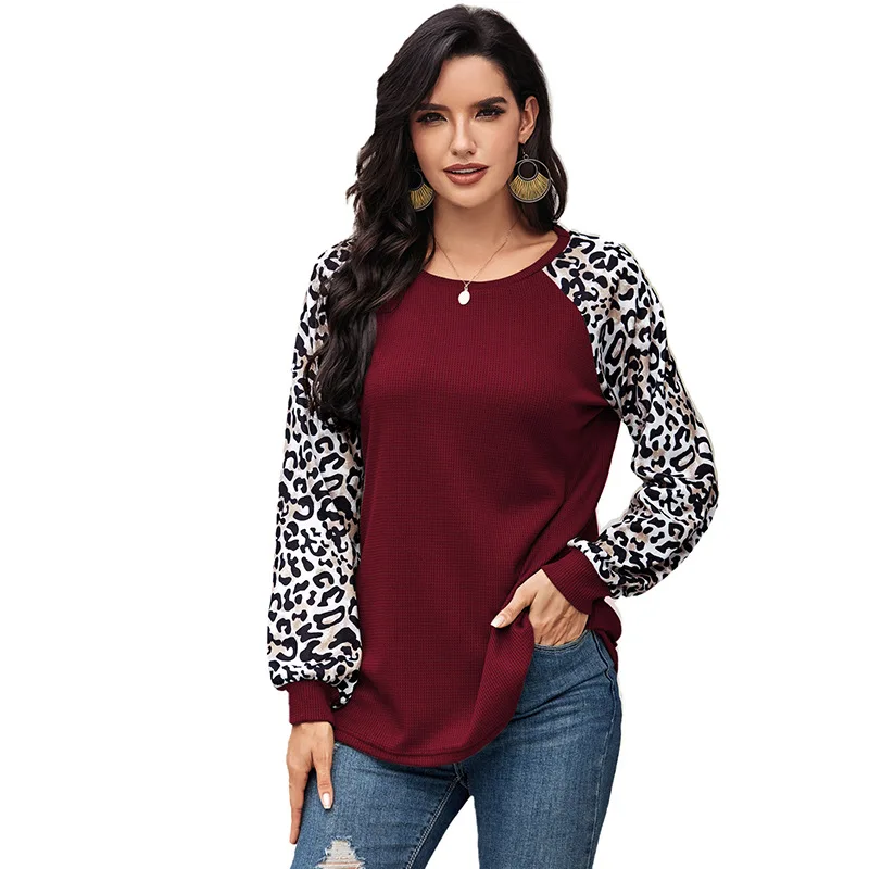 

2021 Fashion Women Spring Autumn Casual Loose T-Shirts Patchwork Design O-Neck Long Sleeve Leopard Print Pullovers Top, As your requirement