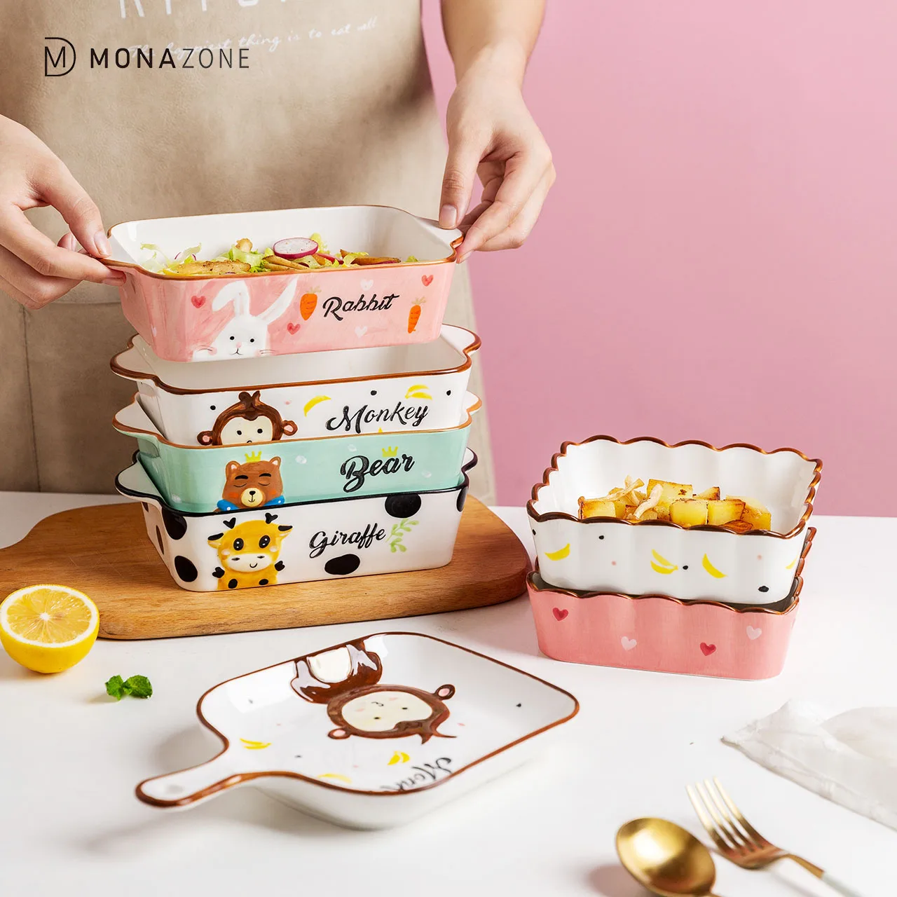 

MONAZONE Salad Plate Oven Kitchen Bakeware Tray Cute Children'S Dinner Tableware Ceramic Cartoon Animal Baking Pan