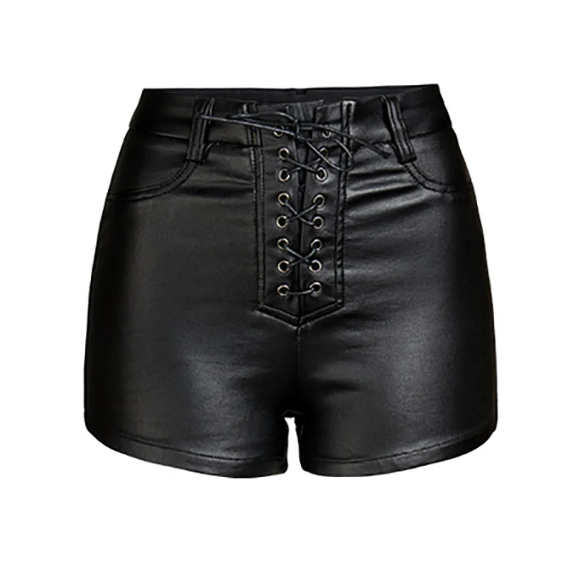 

Womens High Waisted Faux Leather Shorts Drawstring Sexy Black PU Leather Short