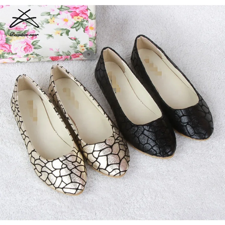 

RTS Cheap Price Refined Flat Leather Shoes Ladies, Black,gold