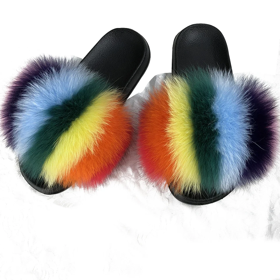 

Wholesale Stable Quality Women Slippers Raccoon Fur Soft Sandals fox Fur Slides, Multi color single color