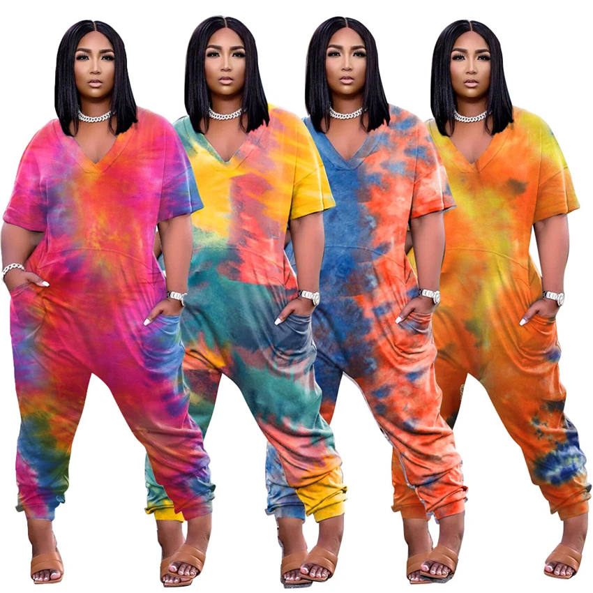 

Hot selling women's tie dye fashion street wear short sleeves plus size loose jumpsuit, Custom choose