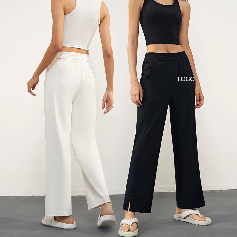 

XW-XY1579 New Best-Selling Nylon Side Pockets High-Waisted Wide-Leg Yoga Trousers Split Leg Straight Leg Sweatpants