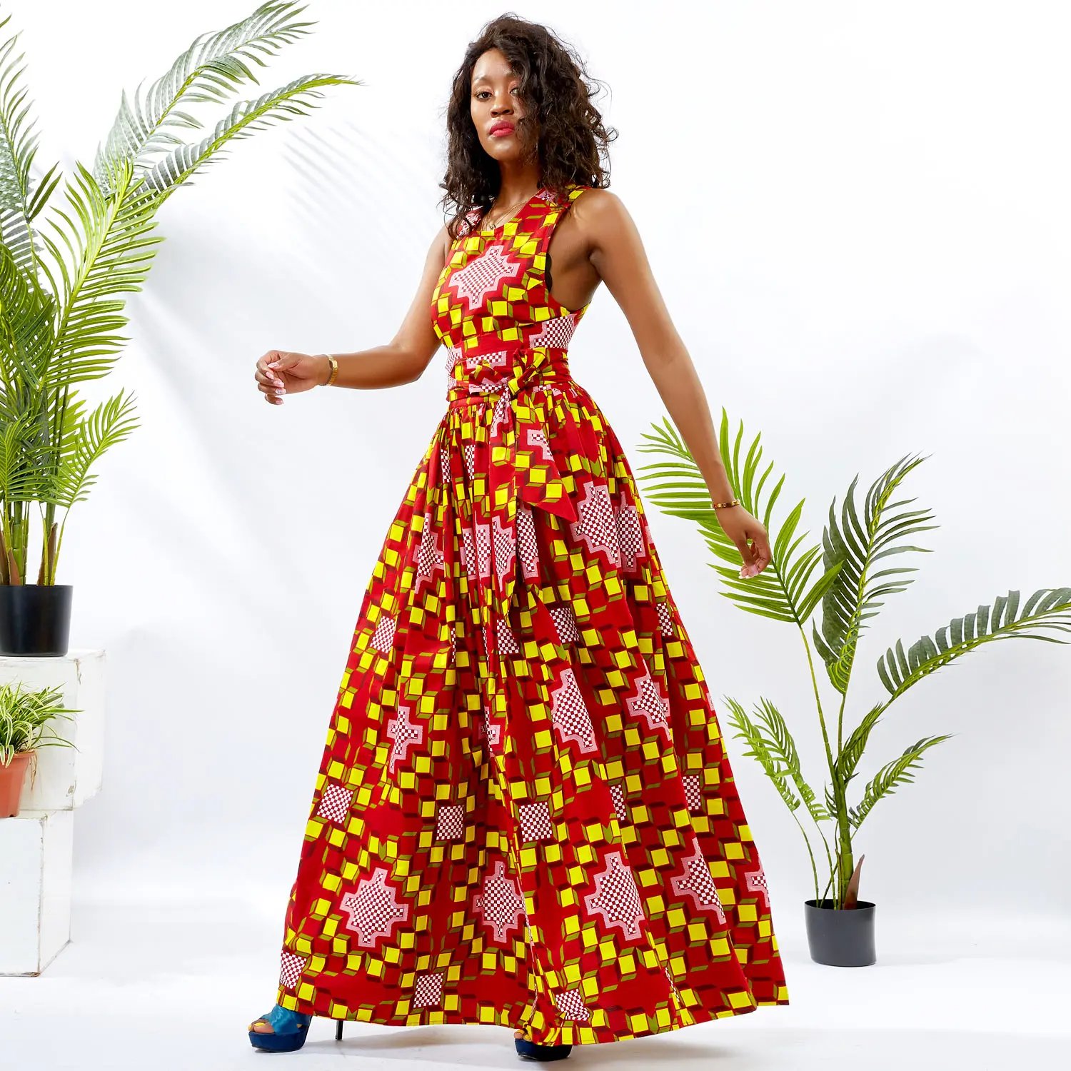 

African Print New Design Kitenge Female SLeeveless Maxi Dress V-neck African Pattern Wholesale Dress, Red