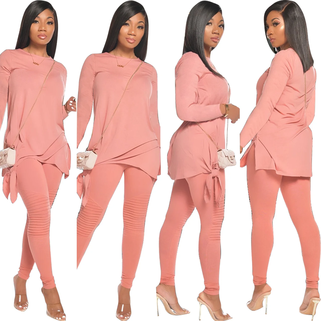 

Long Sleeve Bow Tie Sexy Two Piece Pleated Stitching Tracksuit Pant Fall Sets Trendy Solid Color Women Clothes, Pink,wine,gray,black,red,blue,green,light green