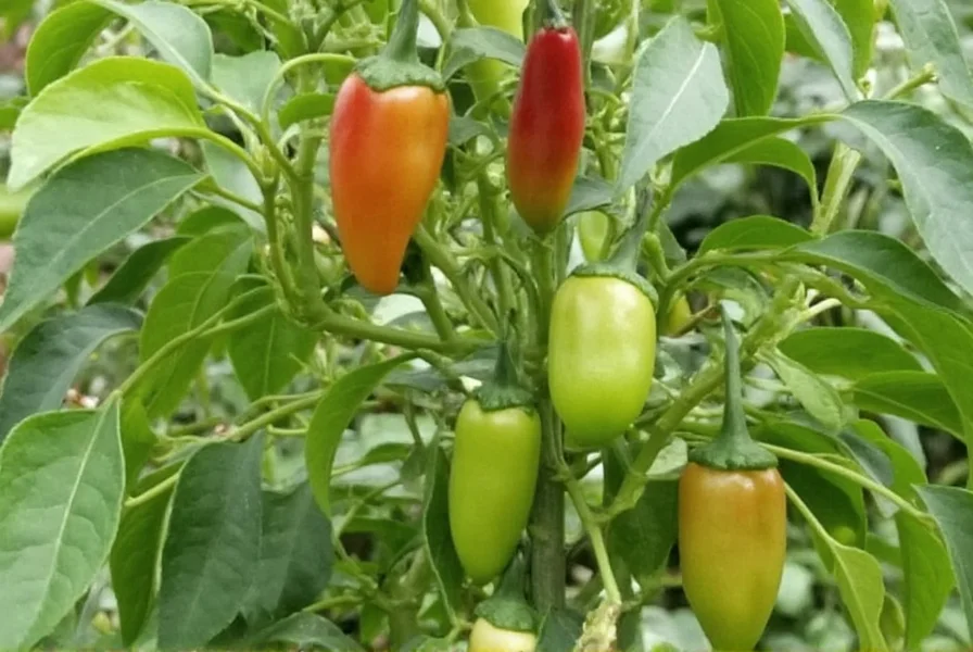 Modern Family Pfefferoni Pflanze im Balkonkasten mit grün-rot verfärbenden Früchten