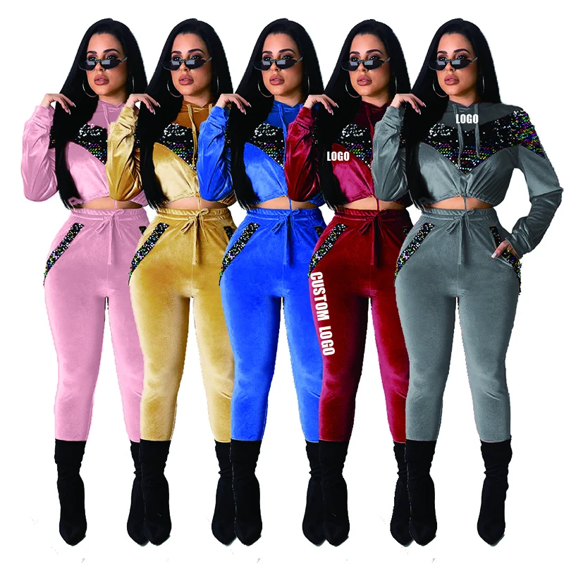 

Free Shipping Jacket and Jogger Tracksuit 2 Piece Set Velvet Fall Bling Women Custom Velour Crop With Pants Tracksuits, Customized color