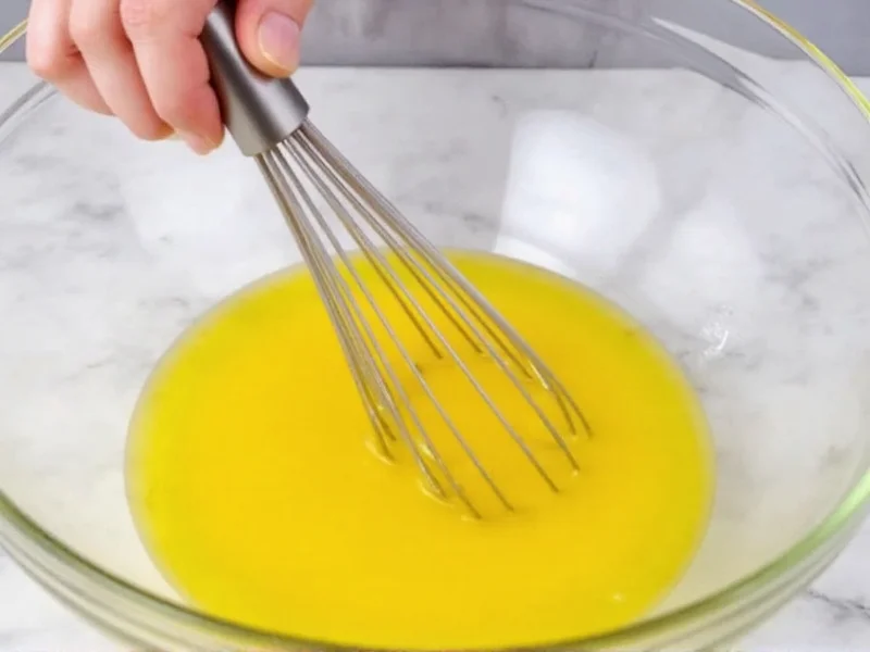 Whisking egg yolk and oil in glass bowl
