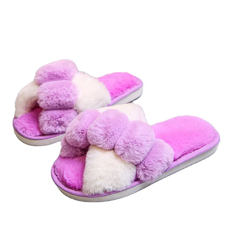 

2021 new furry winter home cross slides girls indoor outdoor warm anti-slip colorful women's slippers, Picture