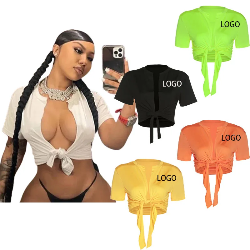 

Custom LOGO summer new women's fashion low-cut solid color sense of navel tight-fitting street shooting lace-up cardigan top