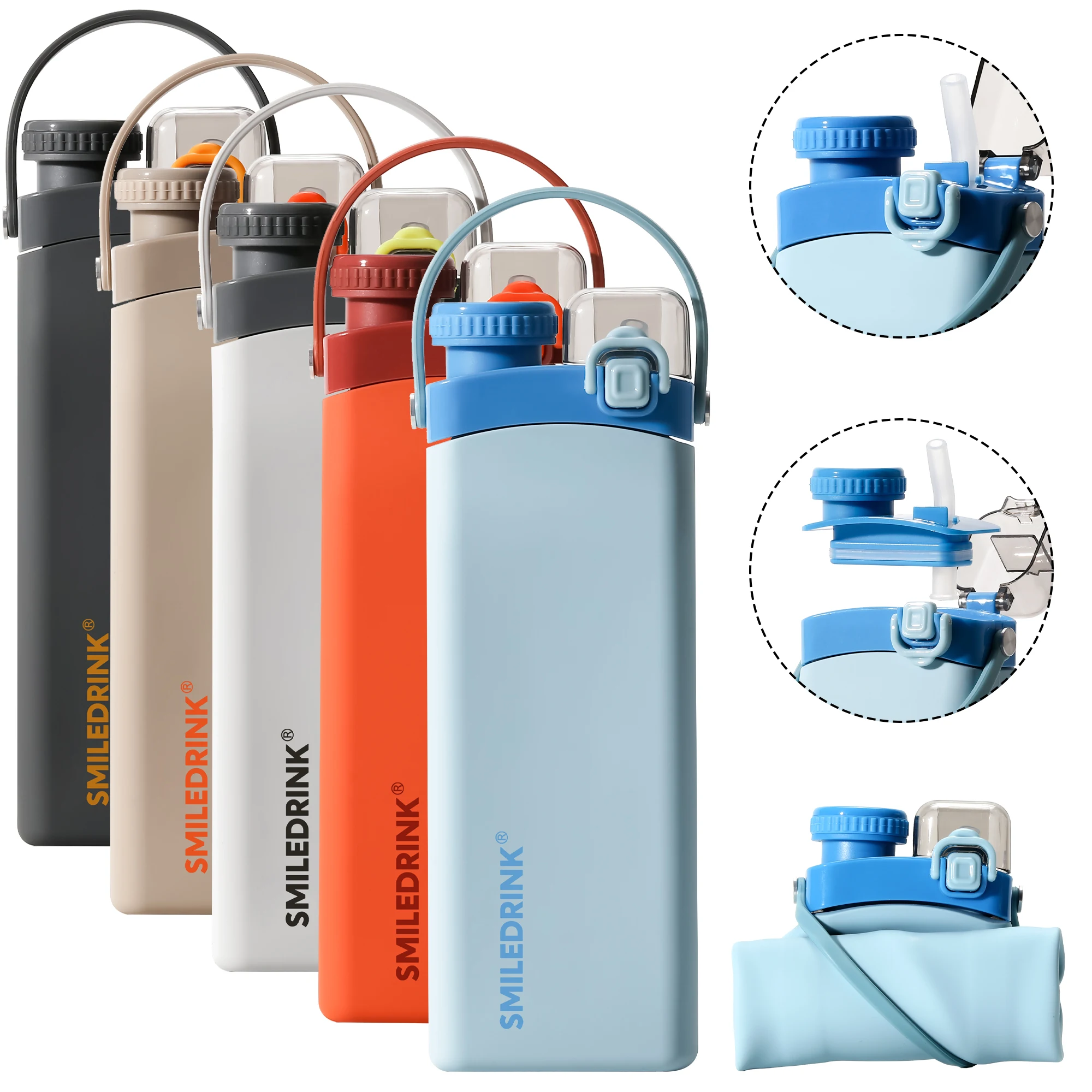 Smiledrink Outdoor Children Foldable Silicone Drinkware Custom Folding Silicone Drink Sport Water Bottle with Straw