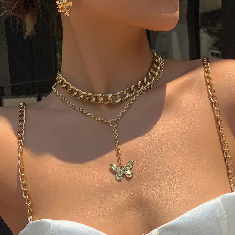 

European And American Creative New Necklace Fashion Personality Butterfly Pendant Alloy Thick Chain Necklace Set, Silver, gold