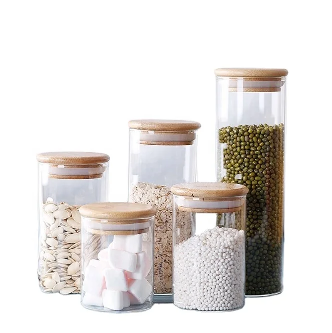 

kitchen jar set canister set Glass Storage Jar Airtight Kitchen Food Storage Container with Bamboo or metal Lid