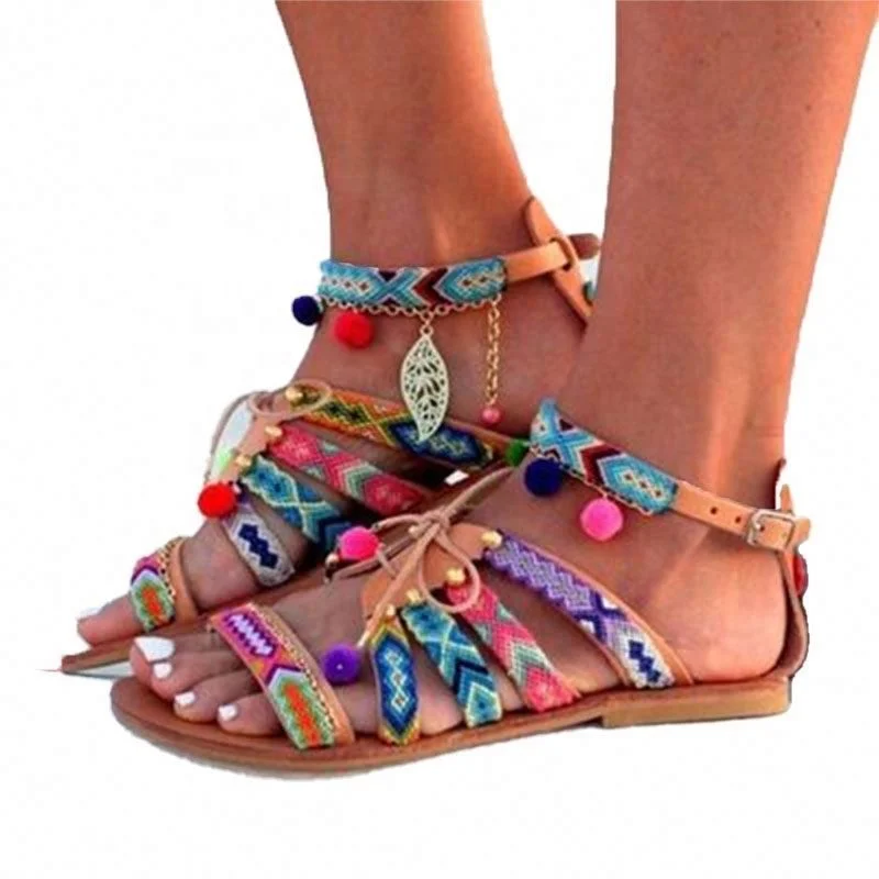 

Women Boho Lace-up Sandals Gladiator Leather Flats Shoes Pom-Pom Sandals
