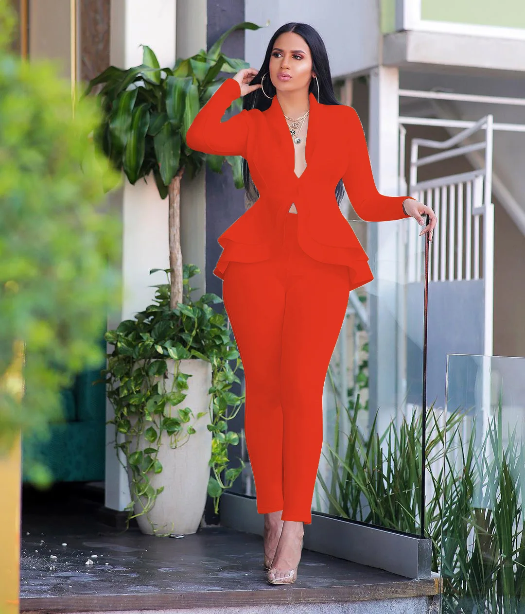 

Fashion ruffled casual business uniform woman suits office women blazer set blazer and pants set for women