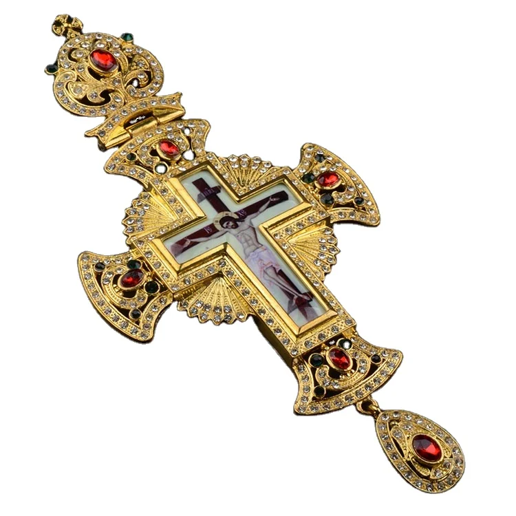 

Greek Orthodox Catholic big Gold necklace religious Jesus Crucifix diamond alloy free box and chain ODM pectoral cross