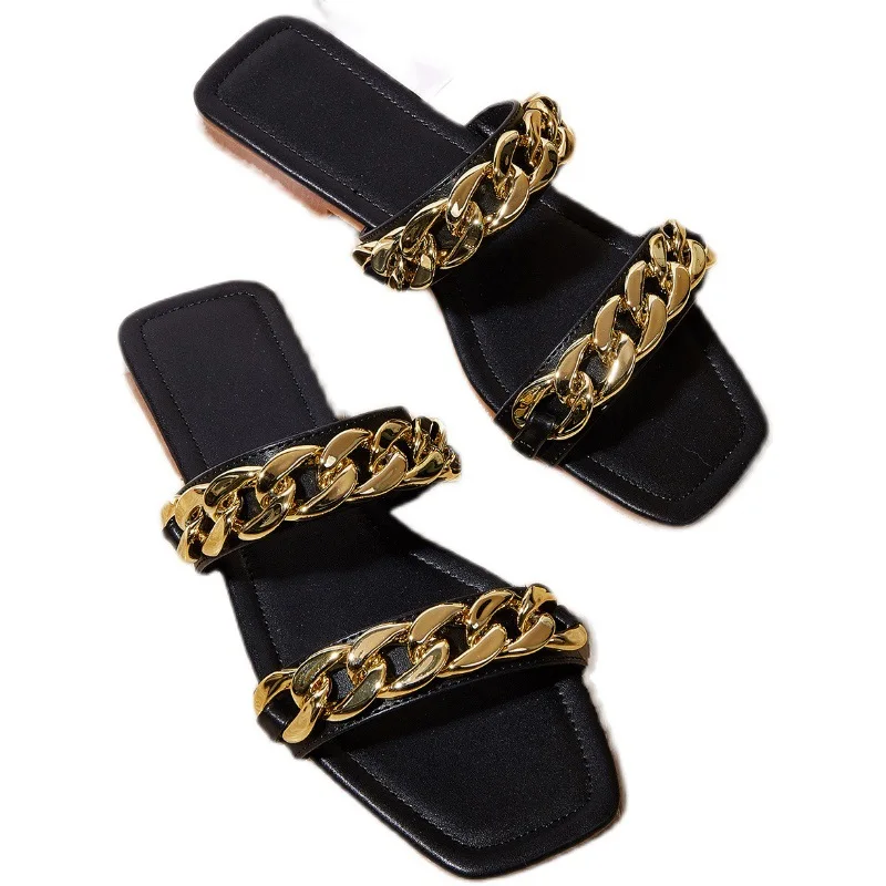 

Chain Slide Slippers for Ladies Beach Soft Sole Sandal, Black, white