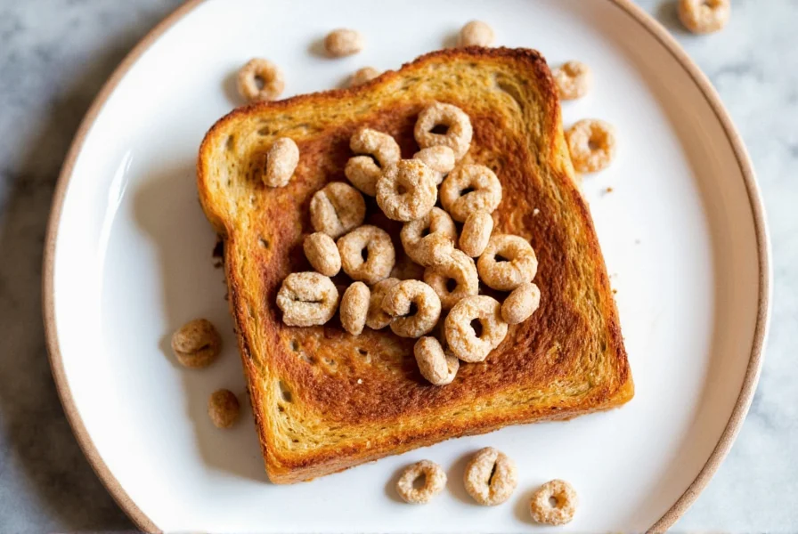 Close-up of golden brown toast generously topped with Cinnamon Toast Crunch cereal, showing the contrast between warm bread and crunchy cereal