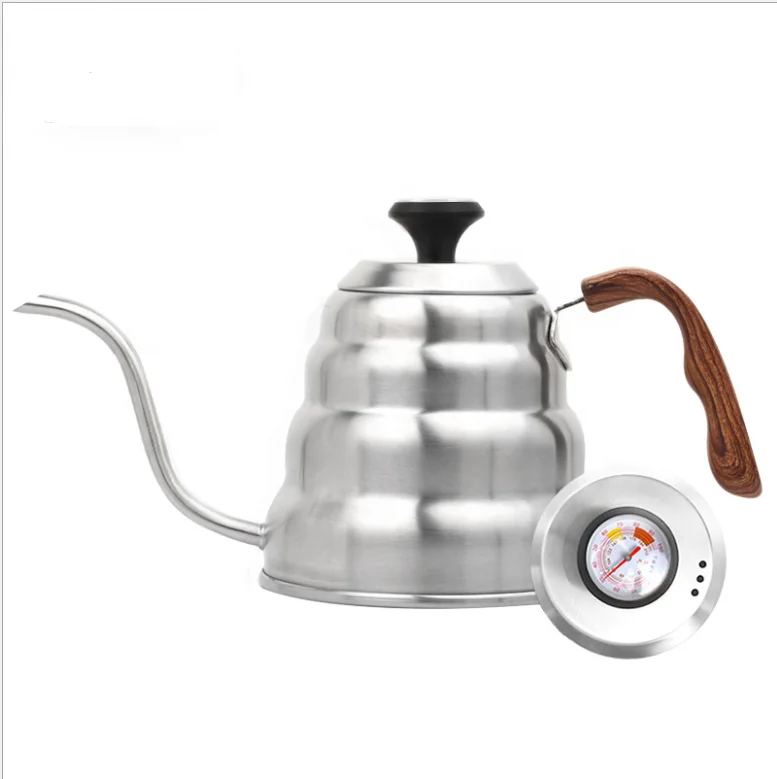 

Hot sale Stainless Steel Gooseneck Tea Kettle Wood Handle Smart Coffee Kettle with Thermometer, Silver/black