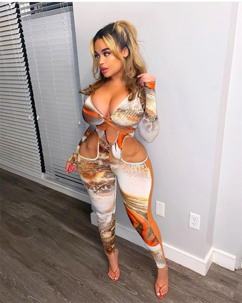 

New Fall Womens Jumpsuits Long Sleeve Deep v-Neck Sexy Club Wear Romper Hollow Out Print One Piece Set, As picture