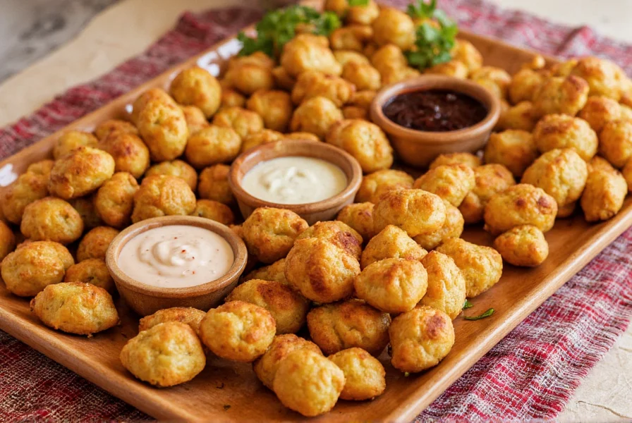 Assortment of perfectly golden pepper puffs arranged on traditional West African platter with dipping sauces