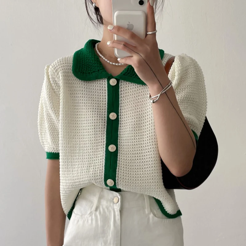 

Hot Sale Retro Lapel Trimmed Single Breasted Summer and Spring New 2022 Versatile Puff Sleeve Knit Cardigan Women's Sweater