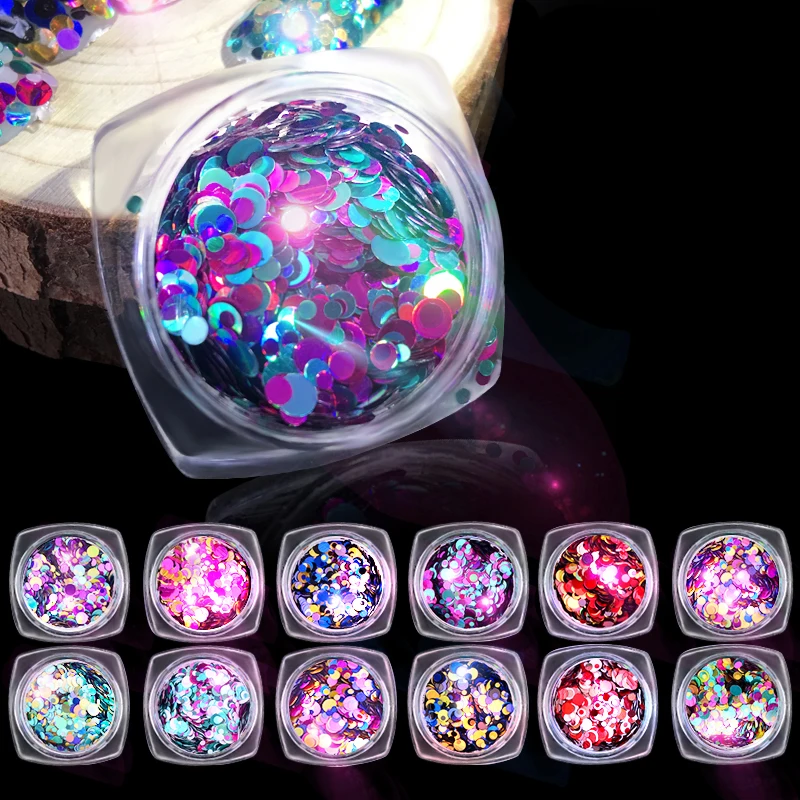 

12 boxes Ultra-thin Colorful Laser Round Nail Sequins Set Glitter Paillette Flake Nail Art Decorations