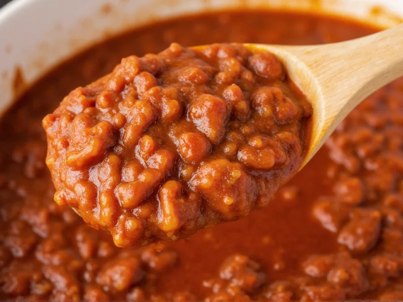 Close-up of homemade sloppy joe sauce texture on wooden spoon