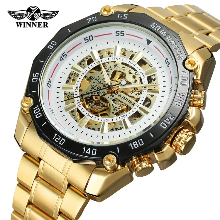 

Winner 8068 Men's Automatic Watch Mechanical Watch Luxury Skeleton Stainless Steel Gold WristWatches Men Horloge